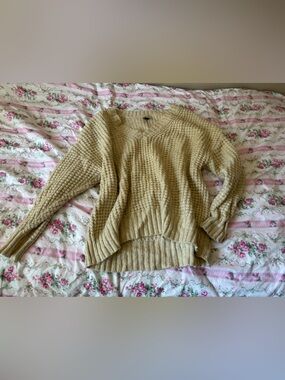 American Eagle Outfitters Oatmeal V-Neck Waffle Knit Sweater